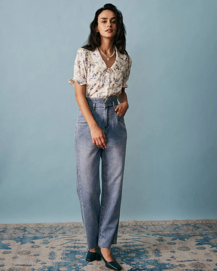 Camisa Plisada Floral con Encaje
