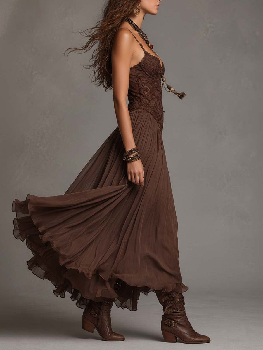 Federica | Vestido Largo y Encaje Café