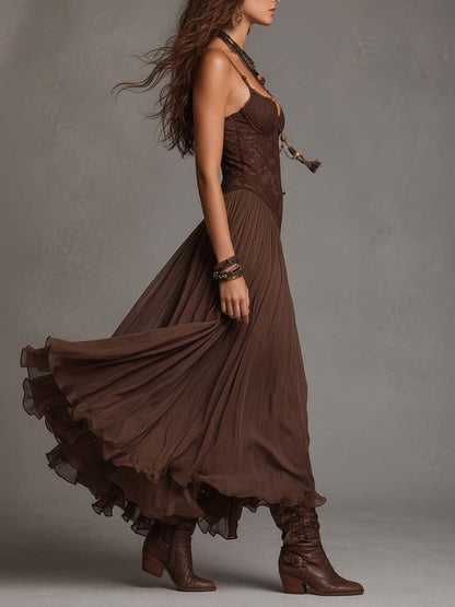 Federica | Vestido Largo y Encaje Café