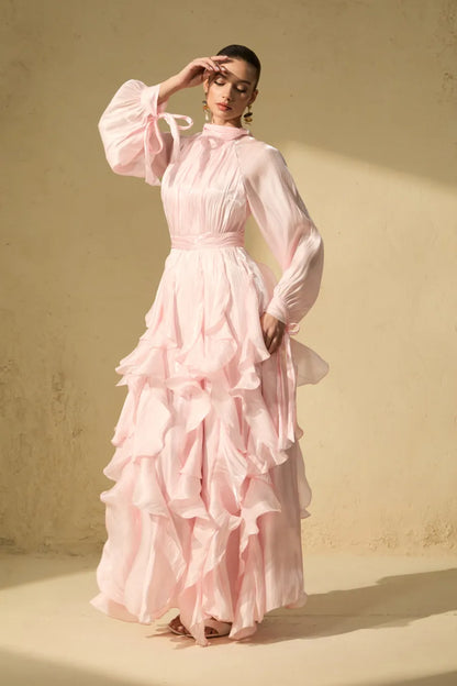 Vestido largo Estella con mangas abullonadas y ribete de volantes