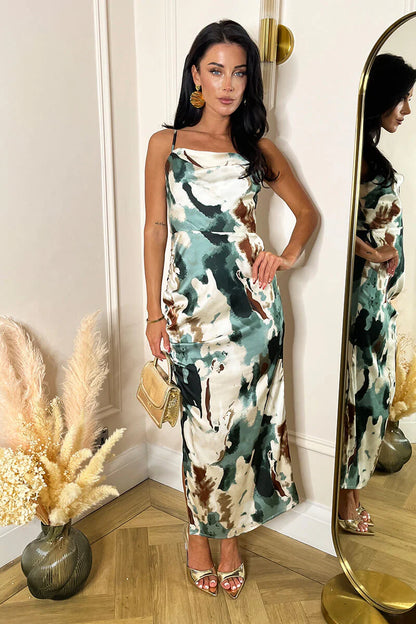 Vestido midi con tirantes laterales fruncidos y estampado multicolor