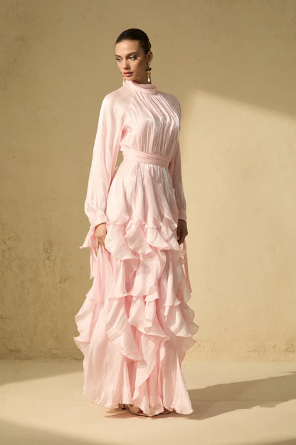 Vestido largo Estella con mangas abullonadas y ribete de volantes