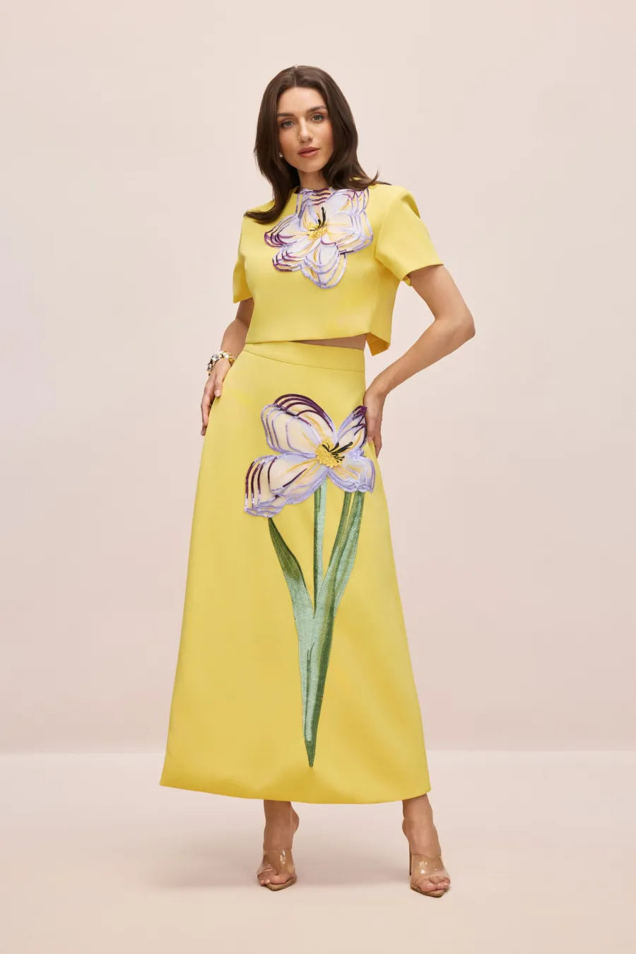 Conjunto de Top de Manga Corta con Apliques Florales Angelica y Falda