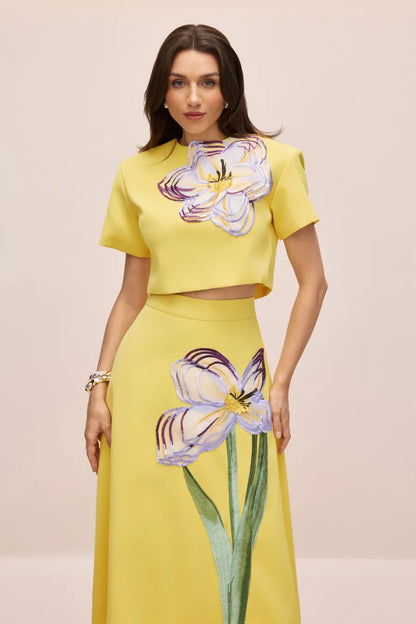 Conjunto de Top de Manga Corta con Apliques Florales Angelica y Falda