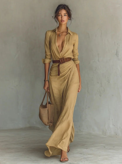 Ladies Lapel - Vestido largo de mujer de manga larga
