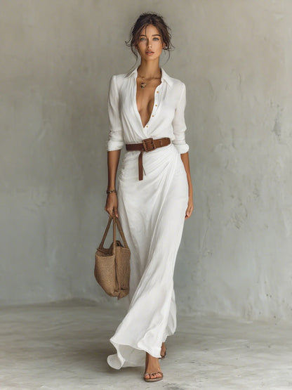 Ladies Lapel - Vestido largo de mujer de manga larga