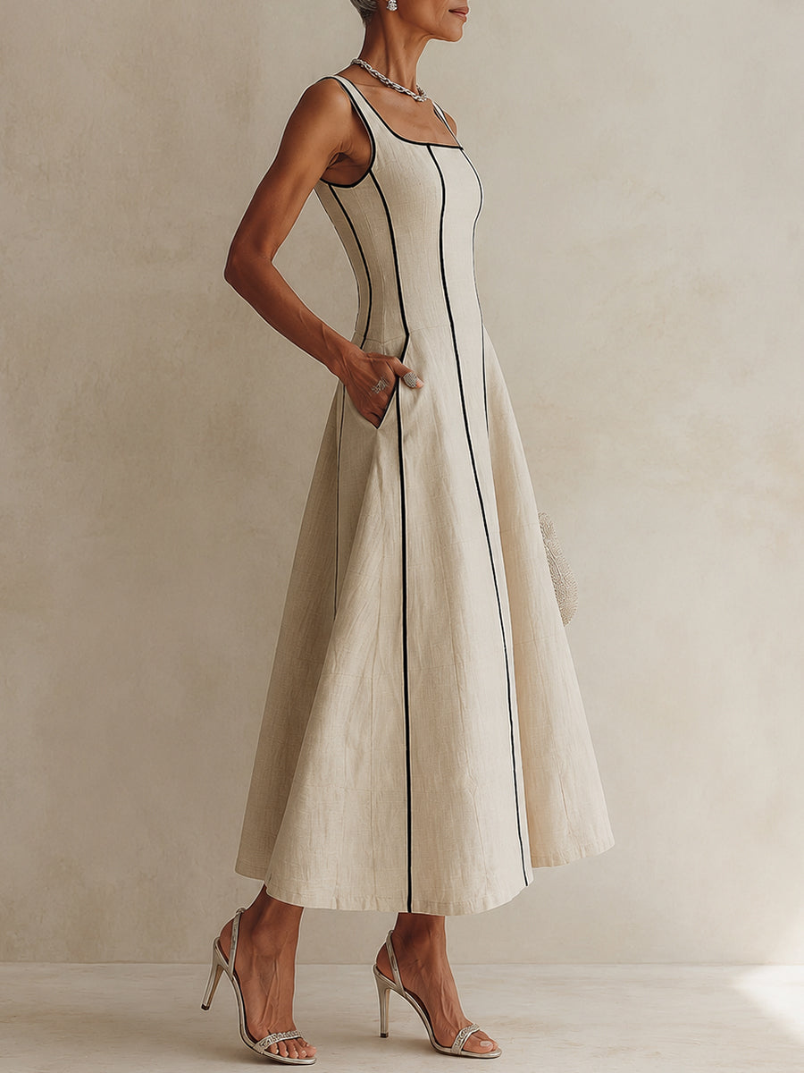 Camille | Vestido Largo de Lino a Rayas con Ribete Negro