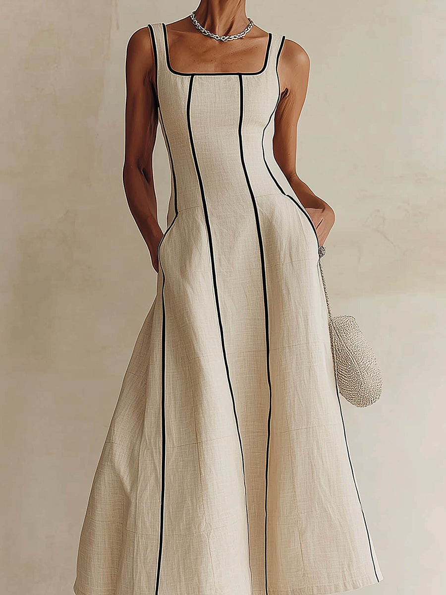 Camille | Vestido Largo de Lino a Rayas con Ribete Negro