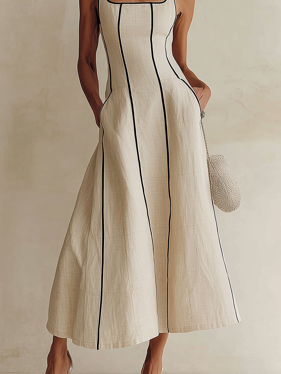 Camille | Vestido Largo de Lino a Rayas con Ribete Negro