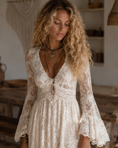 Serena | Vestido Largo de Encaje con Mangas Campana