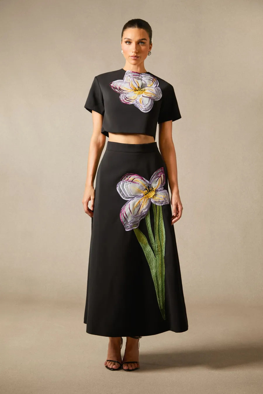 Conjunto de Top de Manga Corta con Apliques Florales Angelica y Falda