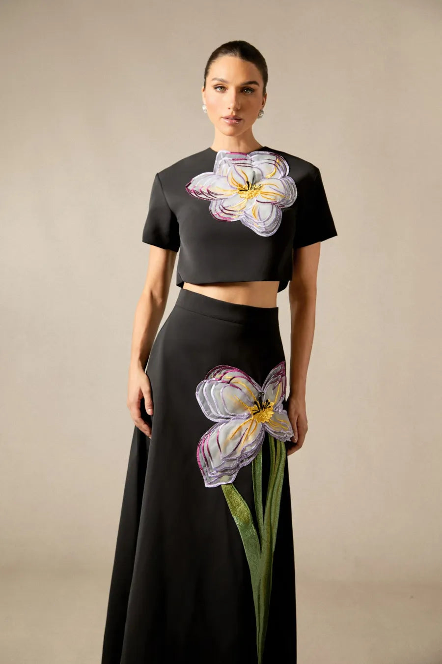 Conjunto de Top de Manga Corta con Apliques Florales Angelica y Falda