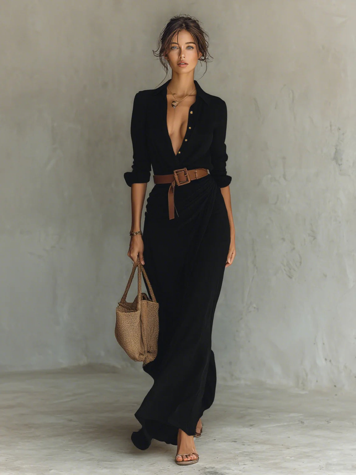 Ladies Lapel - Vestido largo de mujer de manga larga