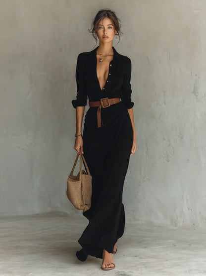 Ladies Lapel - Vestido largo de mujer de manga larga