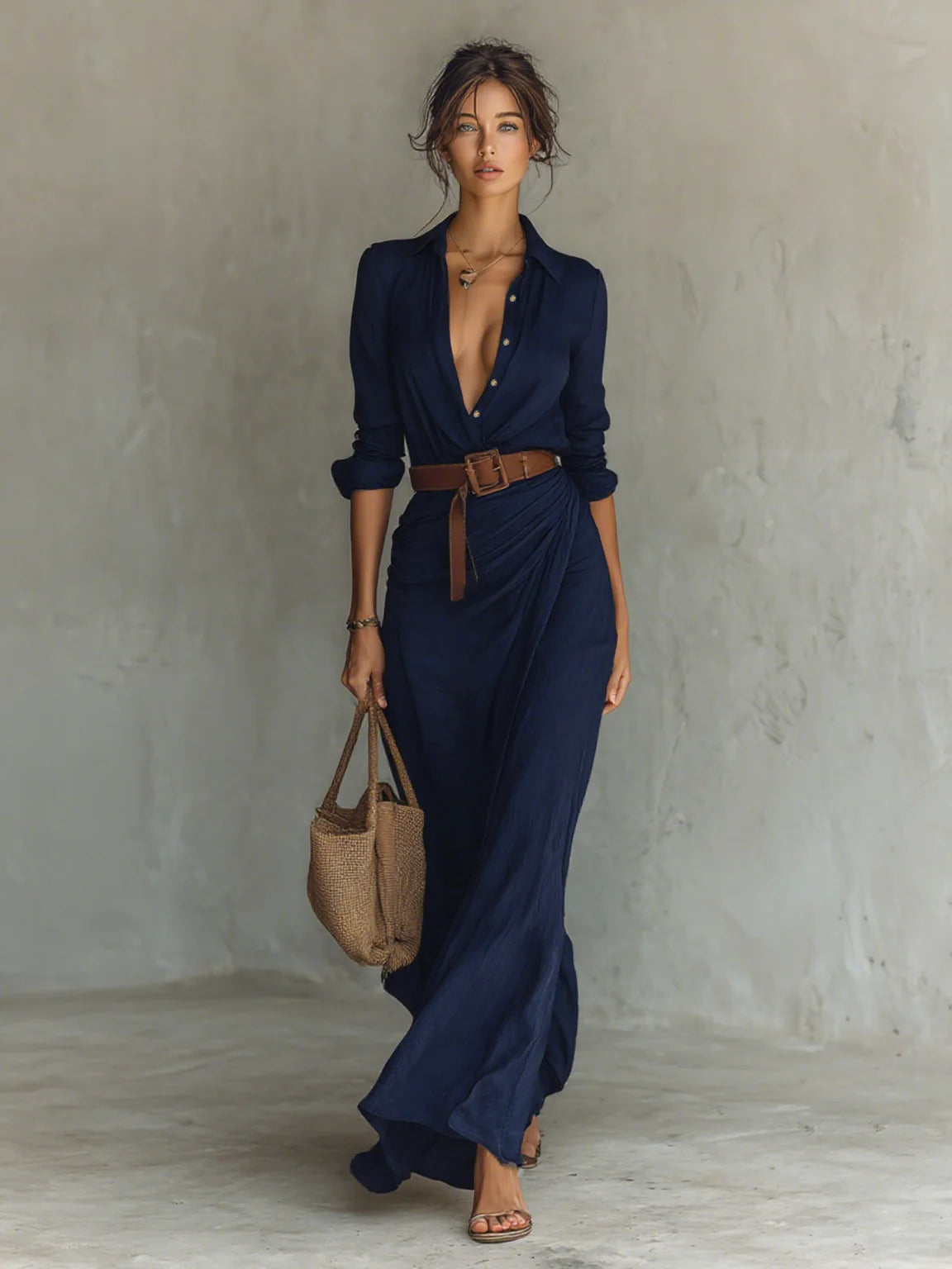 Ladies Lapel - Vestido largo de mujer de manga larga