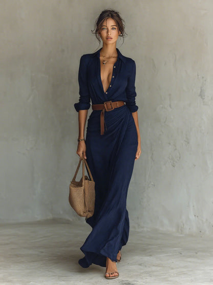 Ladies Lapel - Vestido largo de mujer de manga larga