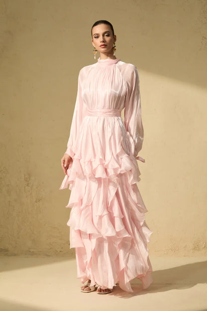 Vestido largo Estella con mangas abullonadas y ribete de volantes
