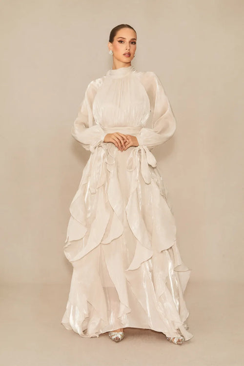 Vestido largo Estella con mangas abullonadas y ribete de volantes