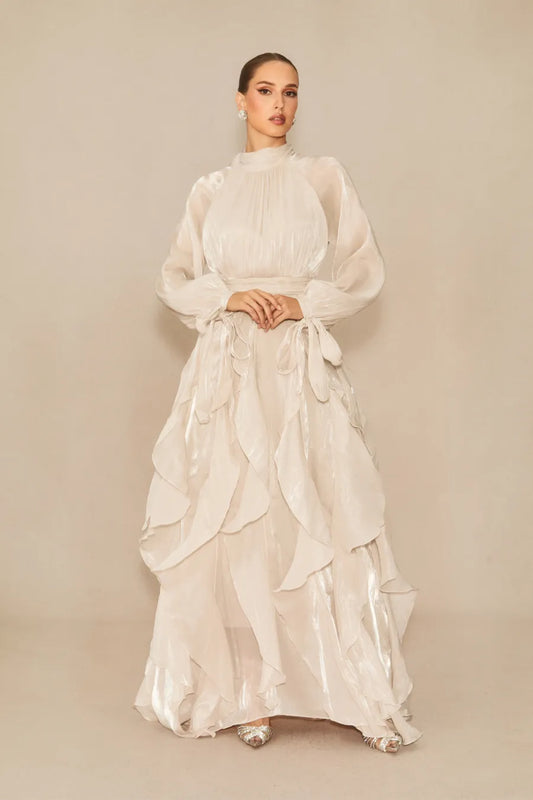 Vestido largo Estella con mangas abullonadas y ribete de volantes