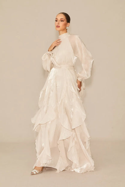 Vestido largo Estella con mangas abullonadas y ribete de volantes