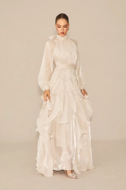 Vestido largo Estella con mangas abullonadas y ribete de volantes