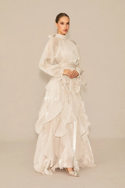 Vestido largo Estella con mangas abullonadas y ribete de volantes