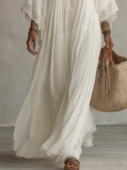Celeste | Vestido Largo de Gasa con Encaje Blanco