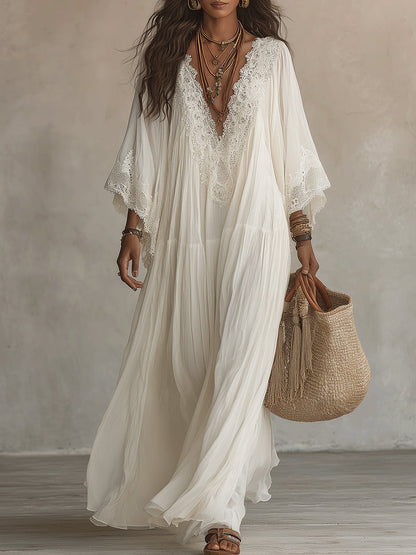 Celeste | Vestido Largo de Gasa con Encaje Blanco