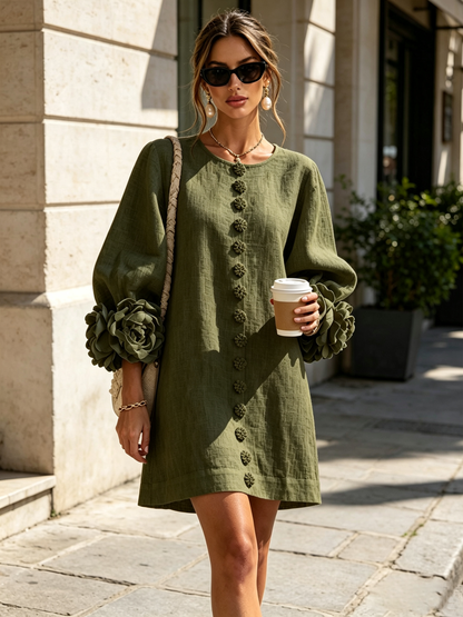Chiara | Minivestido de Lino con Puños de Rosas