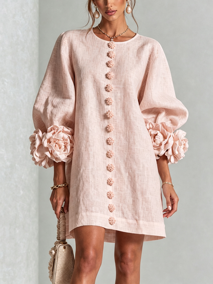 Chiara | Minivestido de Lino con Puños de Rosas