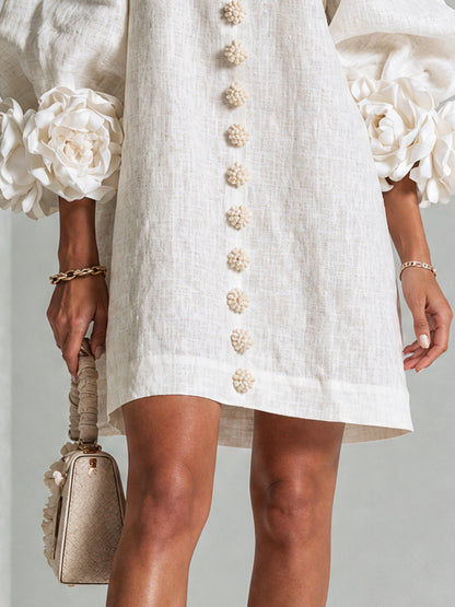 Chiara | Minivestido de Lino con Puños de Rosas