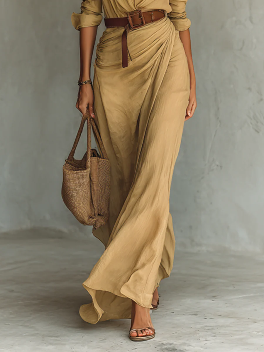 Ladies Lapel - Vestido largo de mujer de manga larga