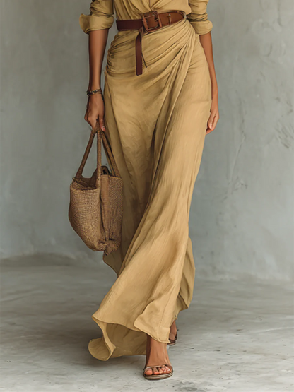 Ladies Lapel - Vestido largo de mujer de manga larga