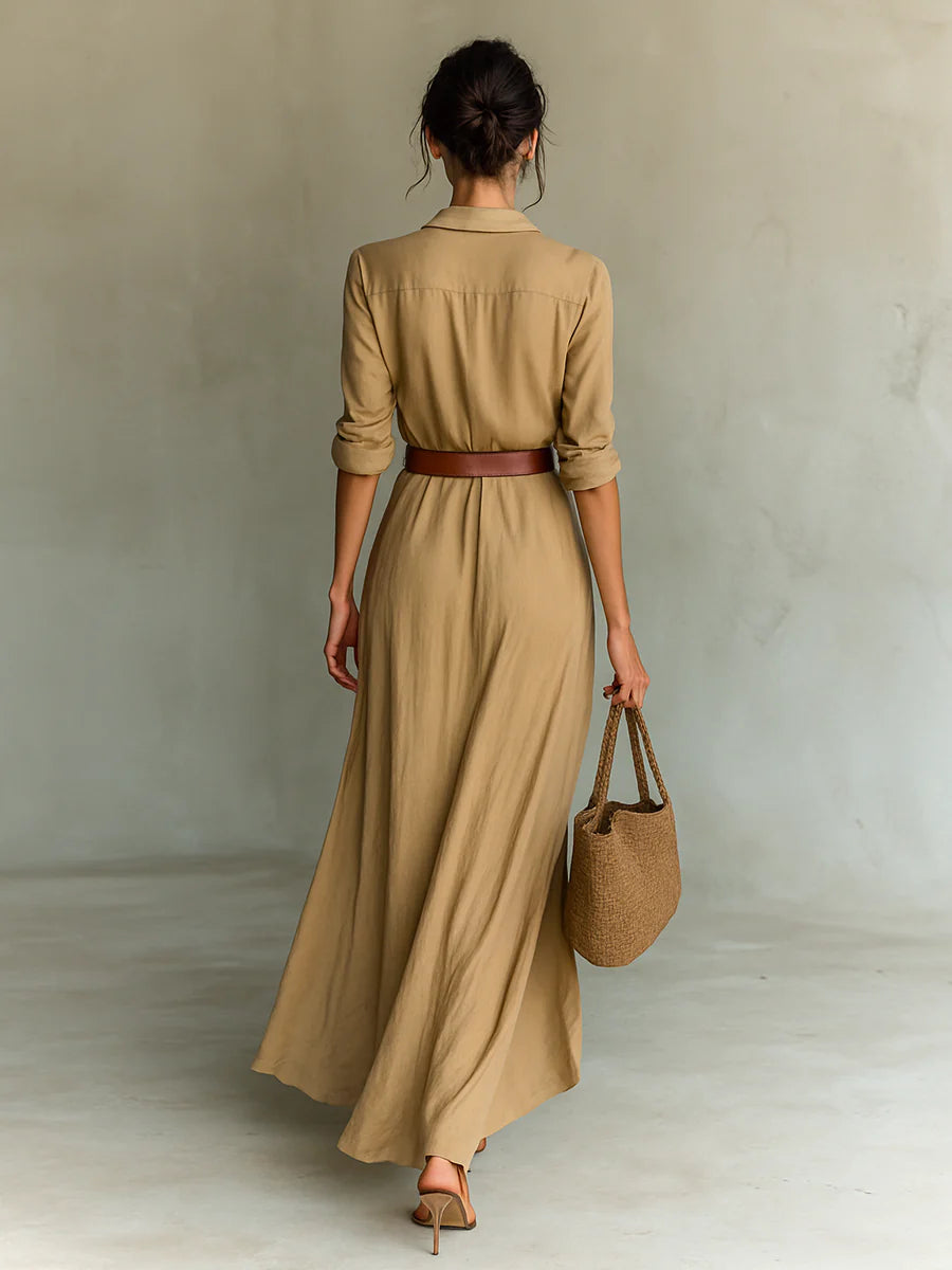 Ladies Lapel - Vestido largo de mujer de manga larga