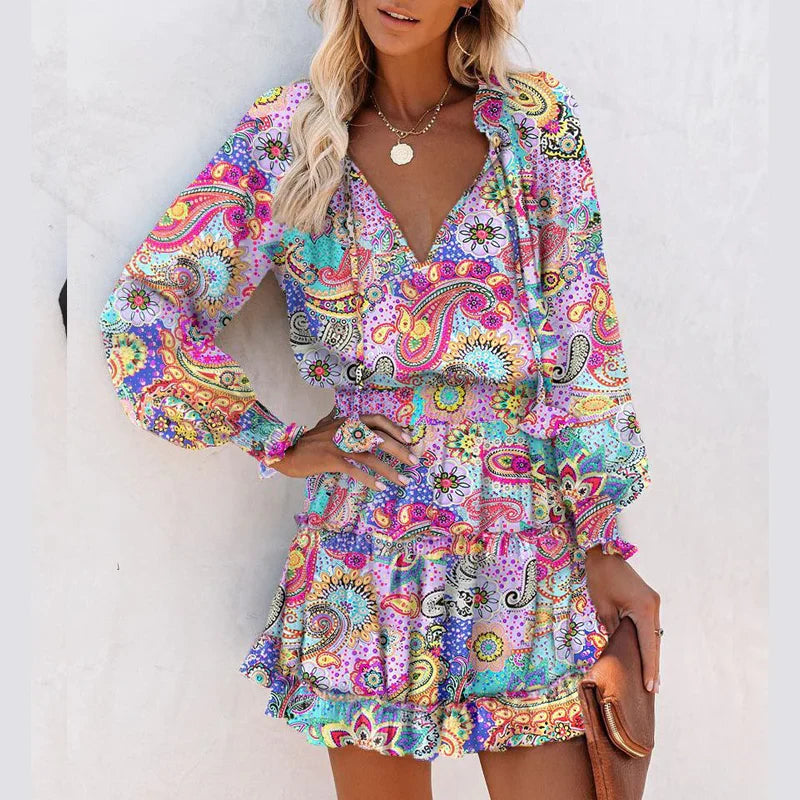 Ariana - Vestido mini con escote en V, manga larga y volantes