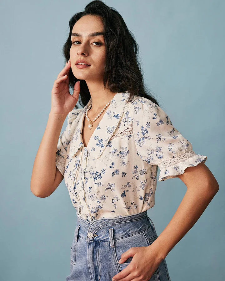 Camisa Plisada Floral con Encaje