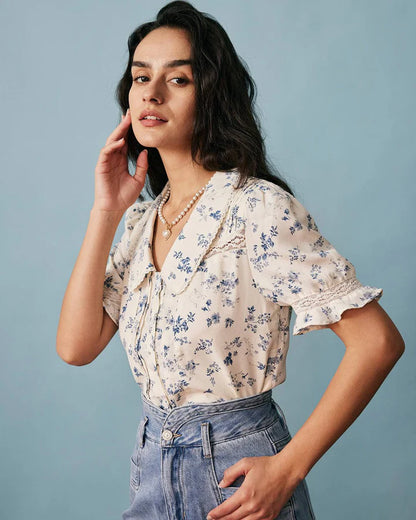 Camisa Plisada Floral con Encaje