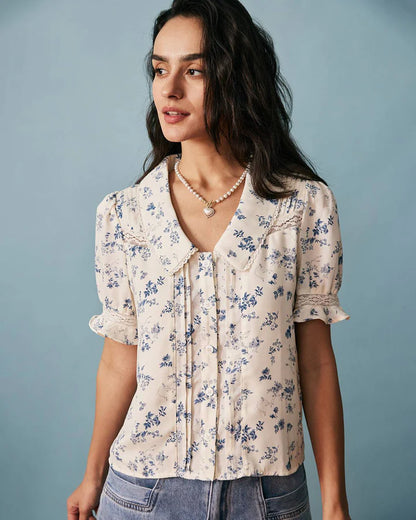 Camisa Plisada Floral con Encaje
