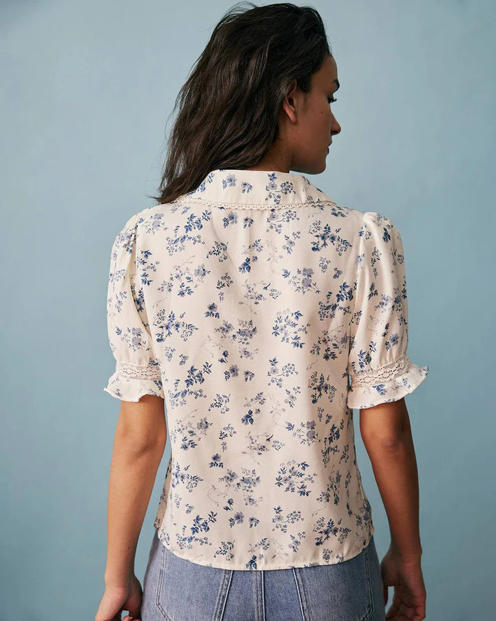 Camisa Plisada Floral con Encaje