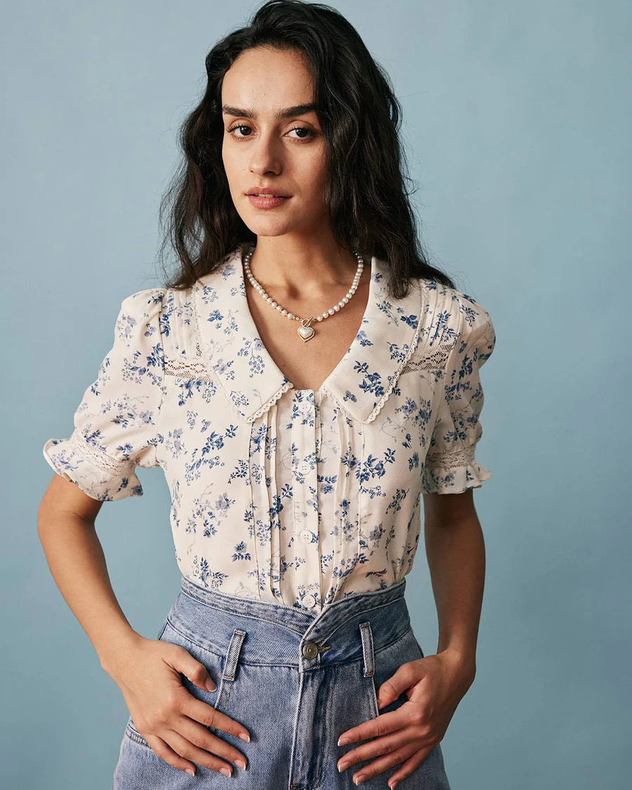 Camisa Plisada Floral con Encaje
